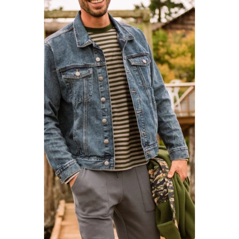 Warp + Weft Jean Trucker Jacket Denim Sea Seattle Scout Blue SM Copper Unisex - Picture 2 of 16
